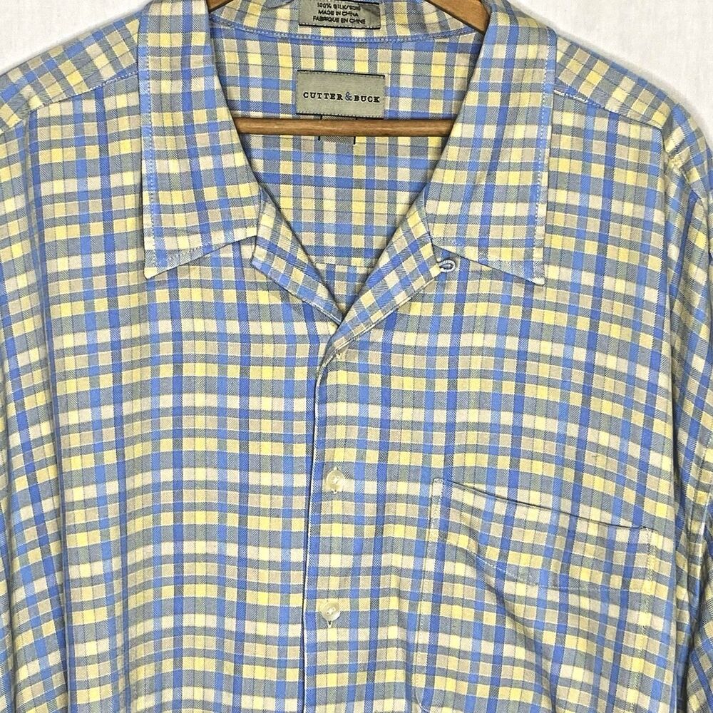 Cutter & Buck Silk Shirt Mens 3XT Tall Plaid Button Front Short Sleeve Blue
